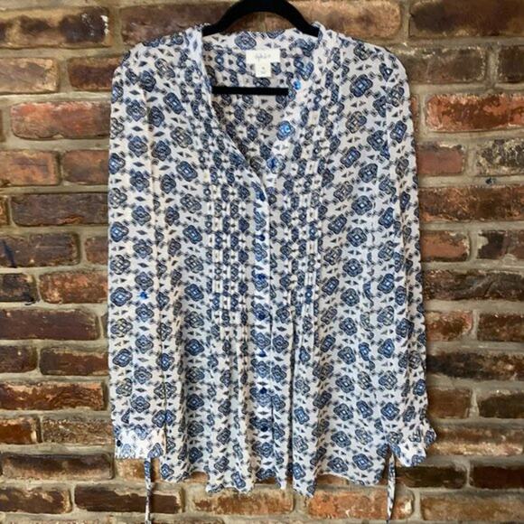 Style & Co Beige Blue Printed Button Down Tie Back Blouse Women's Size Medium - Picture 1 of 8
